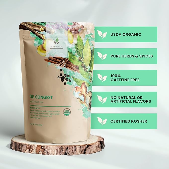 Gardenika Organic Decongest Loose Leaf Tea, Herbal, Caffeine-Free, KSA Kosher, Ayurvedic Blend with Turmeric, Cinnamon, Liquorice, Ginger Root – 4oz (1 Pack) - Bloomnest