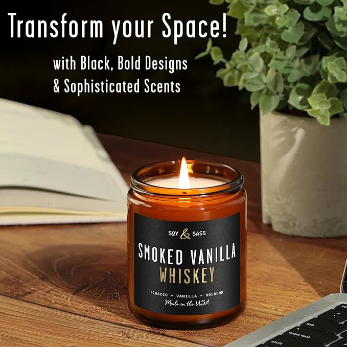 Smoked Vanilla Whiskey Candle - Scented Black Candles for Men or Women - Bourbon, Tobacco & Caramel Soy Wax Mens Candle - Infused w/Essential Oils | Long 50Hr Burn,9oz I Non Toxic I Made in USA - Bloomnest