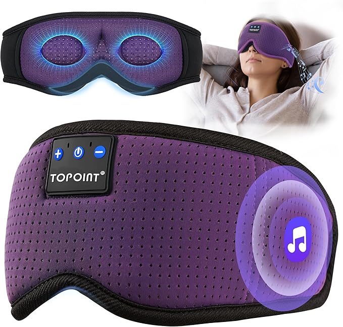 Sleep Mask with Bluetooth Headphones Wireless, TOPOINT 3D Eye Mask for Sleeping Headphones Women Men with Noise Canceling Earbuds, Thin Speaker, Blackout, 15 Hours for Travel, Meditation, CPAP Users - Bloomnest