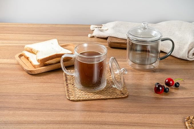 11OZ Double Walled Coffee Mugs Glass with Lid Handles,Cups for Latte,Hot Tea,Cappuccino, Mocha,Cocoa,Hot & Cold Beverages Glasses Heat Resistant Coffee Cups(CLEAR) - Bloomnest