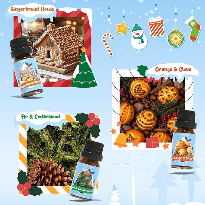 Holiday Essential Oils Set, Fragrance Oil Set for Diffuser, Scent Diffuser Oil for Candle Making-Vanilla Cinnamon Cookies, Caramel Apples, Gingerbread, Fir Cedar, Orange Cloves, Mulled Wine - Bloomnest