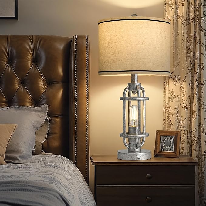 23.75'' Table Lamps Set of 2 for Living Room Bedroom Industrial Farmhouse Metal Touch Lamps with USB A+C Ports, Night Light Vintage Nightstand Bedside Lamp, Bulbs Included, Antique Silver - Bloomnest