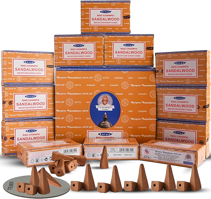 Sandalwood Backflow Incense Cones for Waterfall Aromatic Smoke Fountain Haze Falls and Mat Bundle - Pack of 12 TRUMIRI