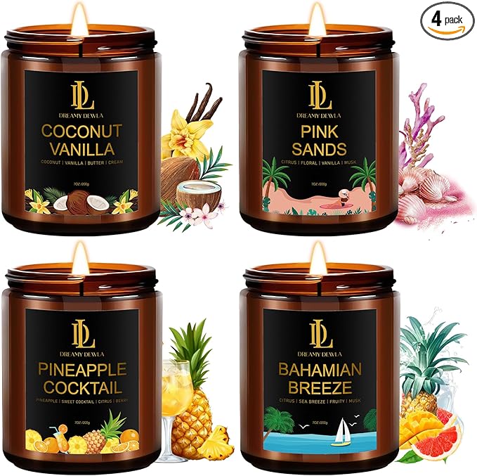 4 Pack Scented Candles Set, Natural Soy Candles for Home Scented, Gifts for Men Women Aromatherapy Candle Sets, Scents of Pink Sands/Coconut Vanilla/Bahamian Breeze/Pineapple Cocktail - Bloomnest