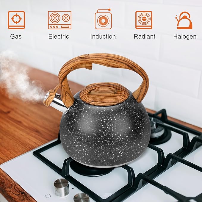 GGC Tea Kettle for Stove Top, Loud Whistling Kettle for Boiling Water Coffee or Milk, 3.1 Quart Heavy Stainless Steel Starry Black Kettle with Wood Pattern Handle, Unique Button Control Kettle Outlet - Bloomnest