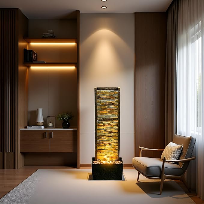 Cheng Pin Indoor Water Fountain -Staggered Stone Wall Design,Create Relaxing Ambiance to Decor Your Living Room,Office,Bedroom Or Outdoor Garden with Waterfall Water Feature and LED Lights,38in. Tall - Bloomnest