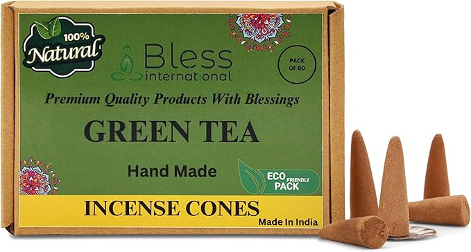 Bless International Green-Tea 100%-Natural-Incense-Cones Handmade-Hand-Dipped Organic-Chemicals-Free for-Purification-Relaxation-Positivity-Yoga-Meditation The-Best-scents (60 Count)