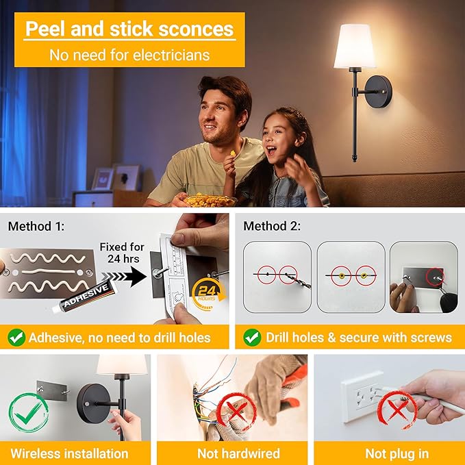 Battery Operated Wall Sconce: Peel and Stick Adhesives Stick On Non Drill Wall Light, Rechargeable Wireless Wall Lamp with Battery Corn Bulb for Bedroom Wall Decor - Bloomnest