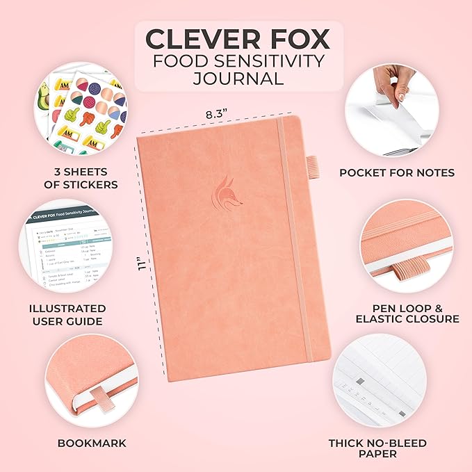 Clever Fox Food Sensitivity Journal Large – Daily Intolerance & Symptom Log for IBS, Diabetic, Low Fodmap, Elimination Diet – Health Tracker, 8.3x11” (Peach Pink) - Bloomnest