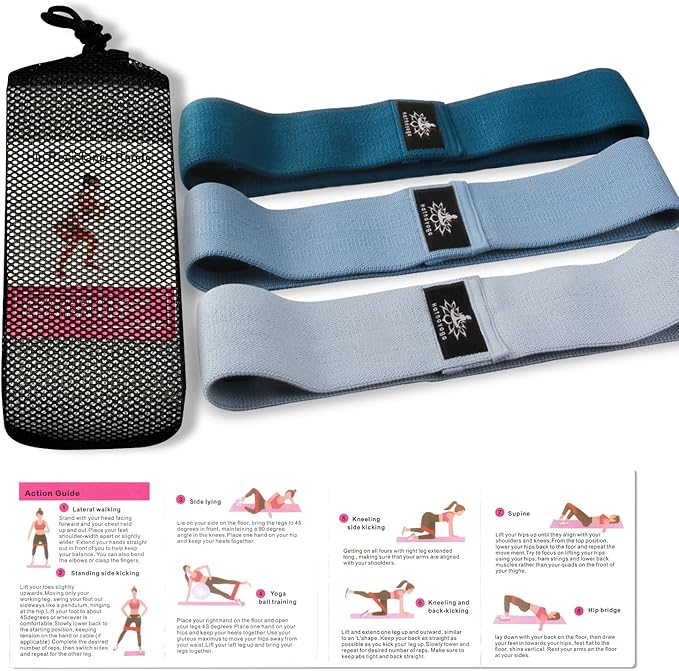Hatha Yoga Large Resistance Band,14.5" x3.15",Fabric Exercise Loop Bands with Instruction Guide and Carry Bag, Set of 3. - Bloomnest