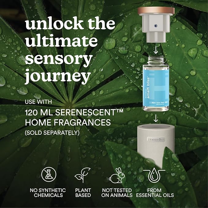 Homedics SereneScent Fabric Rechargeable Waterless Diffuser, Use with Homedics SereneScent Oil 120ml (Sold Separately) Cordless Aromatherapy, Adjustable Mist & Timer, 6 Calming Lights, Grey - Bloomnest