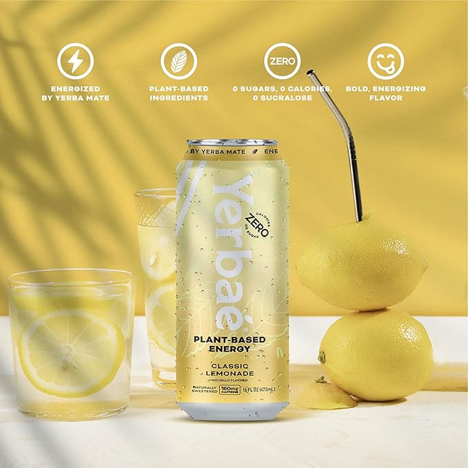 Yerbae Energy Beverage - Classic Lemonade, 0 Sugar, 0 Calories, 0 Carbs, Energized by Yerba Mate, Plant-Based, Healthy Alternative to Sugary Drinks, 16oz cans (12 Pack) - Bloomnest
