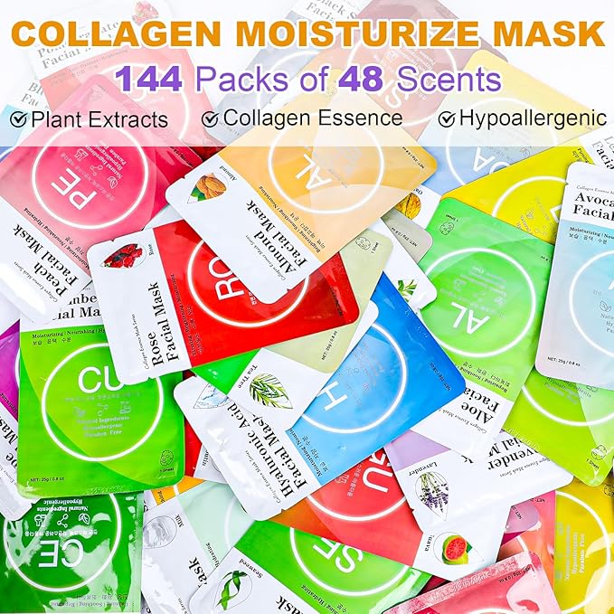VESPRO 144 Pack Collagen Essence Sheet Facial Masks, Bulk Sheet Masks for Face, Hydrating Facial Masks for All Skin Types, Moisturizing and Soothing, Natural Skincare Spa Face Mask - Bloomnest
