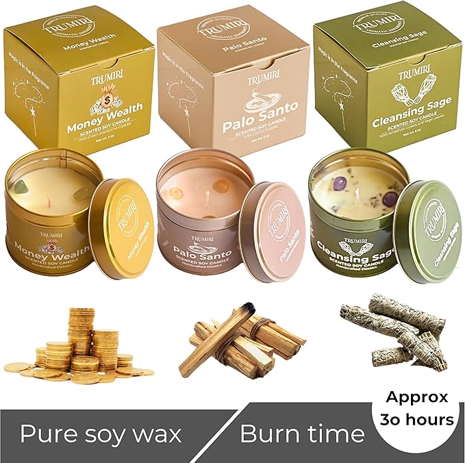 Cleansing Sage, Palo Santo, Money Wealth - Soy Candles Non Toxic - Highly Scented Long Lasting with Essential Oils - Variety Pack of 3 x 5oz - for Home Aromatherapy Meditation Gift Travel TRUMIRI