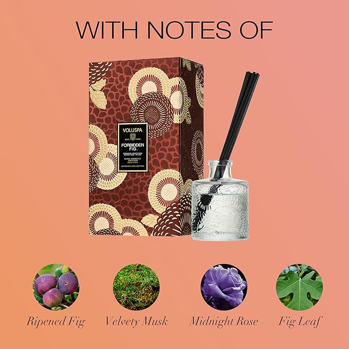 Voluspa Forbidden Fig Scented Reed Diffuser, 3.4 Oz, Luxury Fragrant Reed Diffusers for Home, Handcrafted in The USA