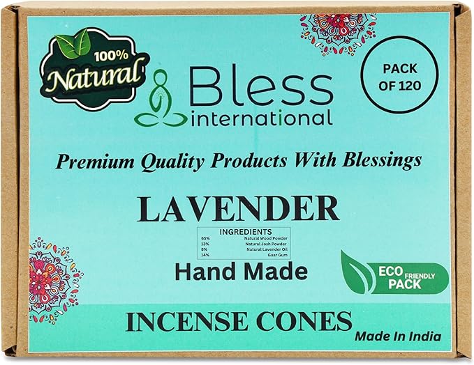 Bless International Lavender 100%-Natural-Incense-Cones Handmade-Hand-Dipped Organic-Chemicals-Free for-Purification-Relaxation-Positivity-Yoga-Meditation The-Best-scents (120 Count) BlessInternational