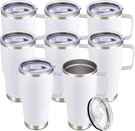 30 oz Tumbler with Handle and Lid, Stainless Steel Tumblers Bulk Double Wall Vacuum Insulated Travel Mug Leak Proof Cup Keep Drinks Cold and Hot White, 8 Pack