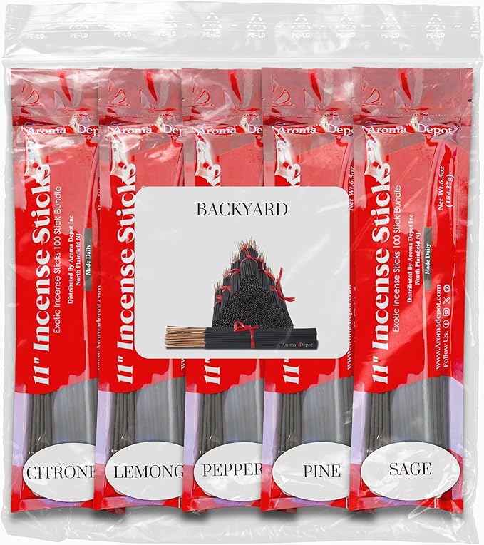 Aroma Depot Backyard 11'' Incense Sticks - Variety Set 500 Pack - 11 inch - 5 Bundles 100 Sticks Per Scent. Set Features Citronella, Lemongrass, Peppermint, Pine, and Sage AromaDepotInc