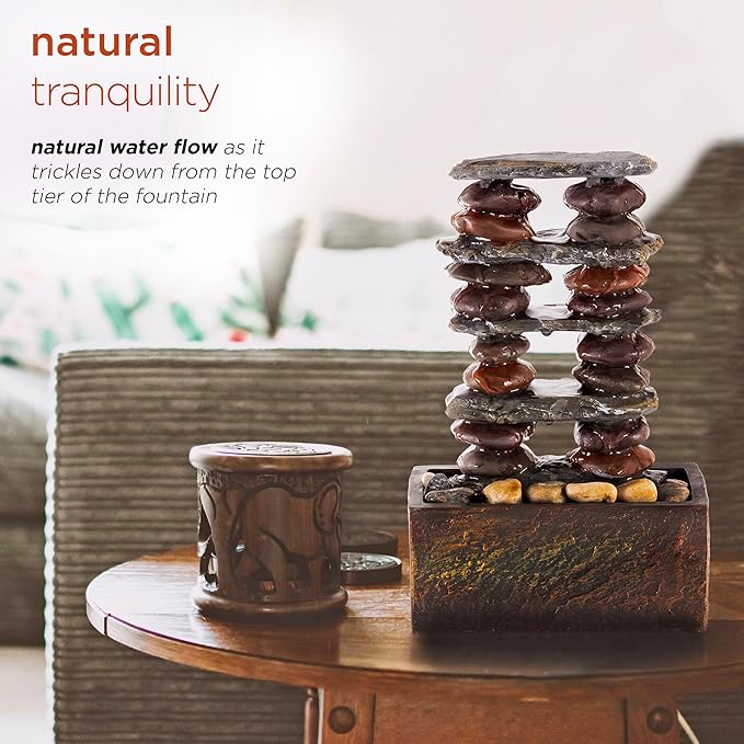 Alpine Corporation TT8002 Indoor/Outdoor Tabletop Stacked Rocks Eternity Fountain, Modern Rocks Tabletop Fountain 12", Brown - Bloomnest