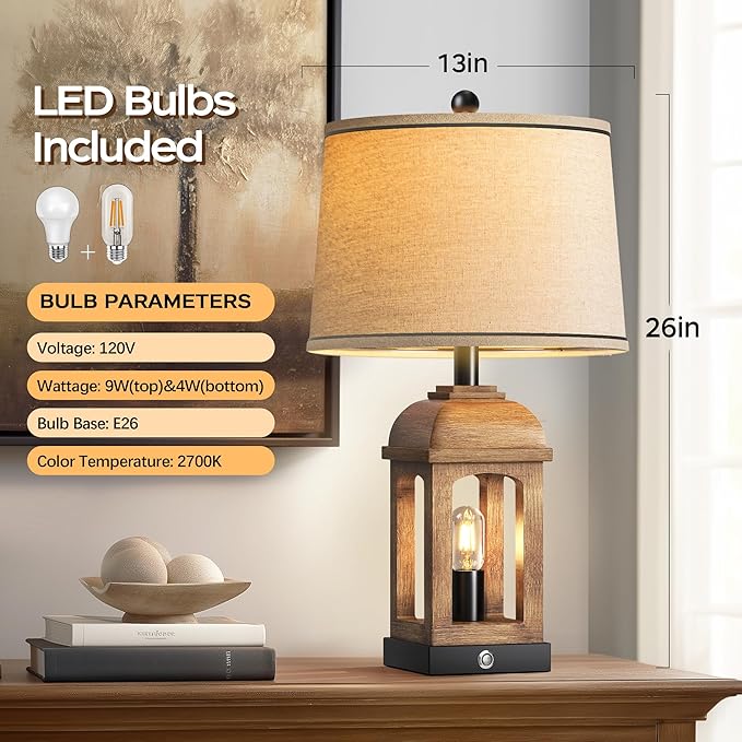 QiMH Table Lamp for Living Room, Farmhouse Lamps with USB A+C and Nightlight, 26" Rustic Bedside Lamps with 3-Way Dimmable Touch Control, Nightstand Lamp for Bedroom, Wood Grain, 1 Pack - Bloomnest