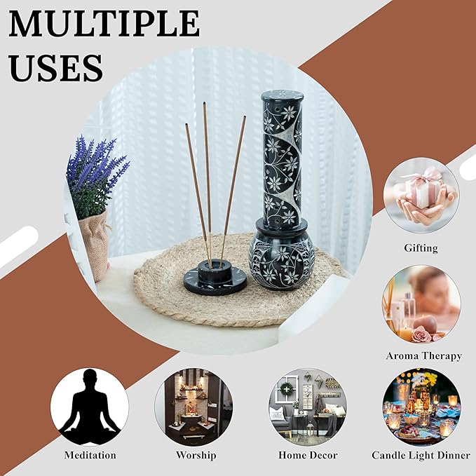 Crocon Black Marble Soapstone Incense Stick Burner Round Shape Flower & Leaf with Handi Design Tower Burner Candle Stick Holder Decorative Home & Kitchen 2.7x2.7x10 Inch