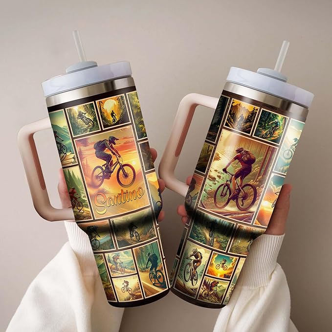 WAZONE Personalized Mountain Biking Tumbler 40oz with Handle and Straw Custom Name Insulated Travel Coffee Mug Stainless Steel Tumblers For Biker Bike Riding Lover Men Him Dad Papa On Birthday - Bloomnest