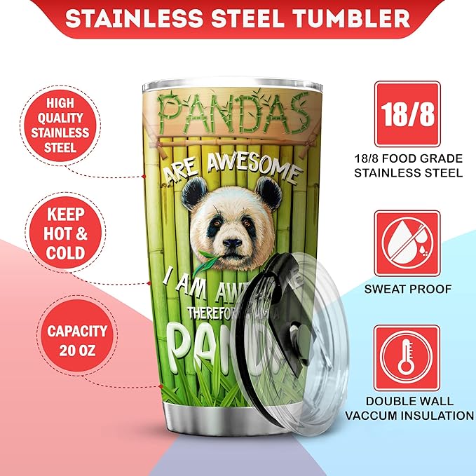 Pandas Are Awesome I Am Awesome Therefore I Am A Panda Drinking Tumbler With Lid Panda Bear Gifts For Girls Stainless Steel Insulated Travel Mug Animal Print Coffee Cup 20oz - Bloomnest