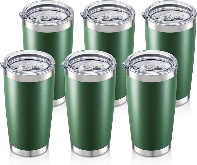 20 oz Tumbler Bulk with Lid Stainless Steel Insulated Tumblers Double Wall Vacuum Coffee Mug Powder Coated Tumbler Cups for Cold and Hot Drinks, Dark Green, 6 pack