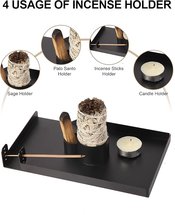 Large Incense Holder, 8.6" Length Sage Holder for Burning, Palo Santo Holder for Incense Sticks, Sage Bundle, Smudge Stick, Metal Ash Catcher Tray for Meditation Yoga Room Decor (Black) - Bloomnest