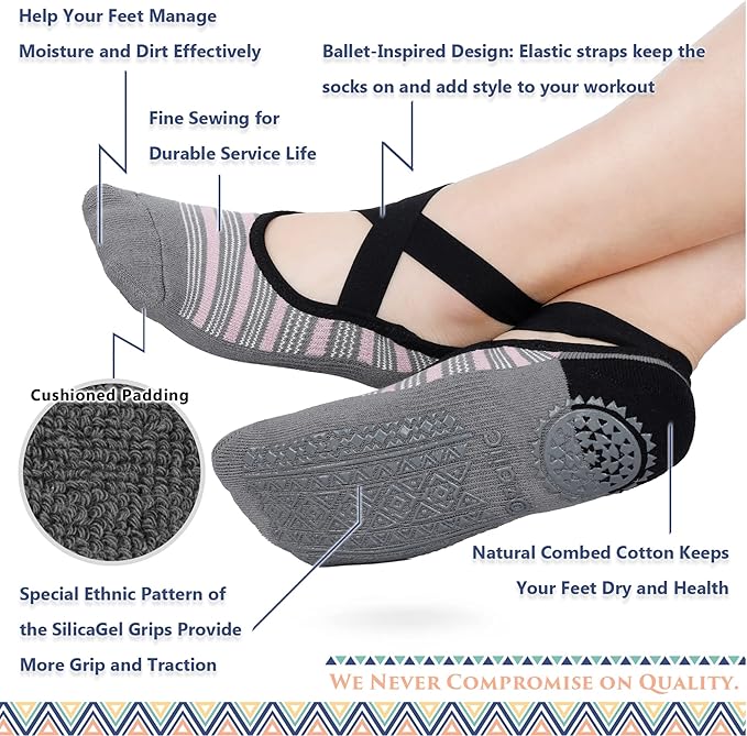 Ozaiic Pilates Socks for Women Non Slip Grip, Yoga Socks with Grippers for Barre, Hospital, Ballet, Dance, Barefoot Workout - Bloomnest