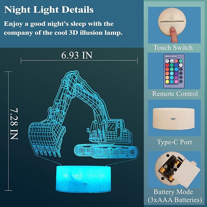 Excavator 3D Illusion Lamp for Kids, Excavator Night Light, Construction Vehicle Gifts with RGB 16 Colors Changing, Remote Control, Dimmable, Kids Room Decoration, Xmas Gifts - Bloomnest