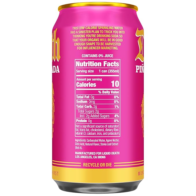 Liquid Death Soda-Flavored Sparkling Water - Piña Killada (Classic Piña Colada), Less Sugar*, Huge Flavor, No Caffeine, No Artificial Sweeteners, 12 Fl Oz (Pack of 12) - Bloomnest