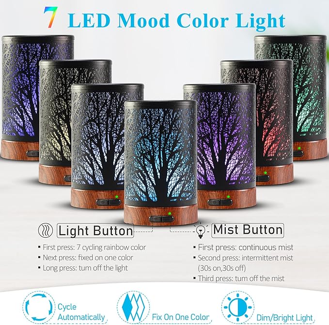 Oil Diffuser & Essential Oils Set - Oil Diffuser 150ml with 6 Essential Oils Set, Aromatherapy Cool Mist Oil Diffusers for Essential Oils, Auto Shut-Off，7 Colors Night Light,Gifts for Mom - Bloomnest