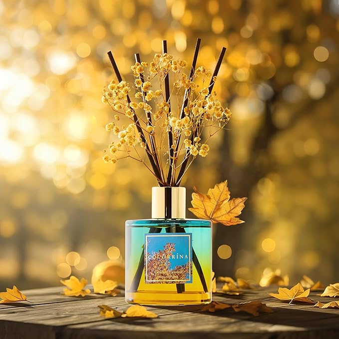 COCORRÍNA Reed Diffuser - Golden Leaves Reed Diffuser Set with 8 Sticks & Preserved Baby's Breath, Reed Diffuser for Home Bathroom Shelf Decor - Bloomnest