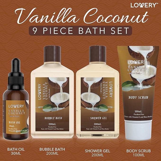 Gifts For Women Gift Basket for Women– 9 Piece Set of Vanilla Coconut Home Spa Set, Luxurious Valentines Day Gifts for Her, Bath and Body Sets Includes Fragrant Lotions, Large Bath Bombs, Coconut Oil - Bloomnest