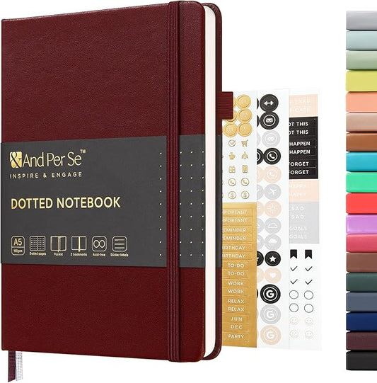 &And Per Se Dotted Journal Notebook, A5 Hardcover Leather Bullet Dotted Journal, 160 Pages 100 gsm Thick Paper，3 Sheets of Stickers Included - 5.7'' x 8''（Dark Red）