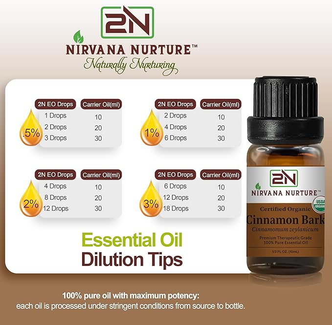 Cinnamon Bark Essential Oil, USDA Certified Organic, 100% Pure Undiluted, Aromatherapy Oil for Diffuser, Hair & Skin Care NirvanaNurture