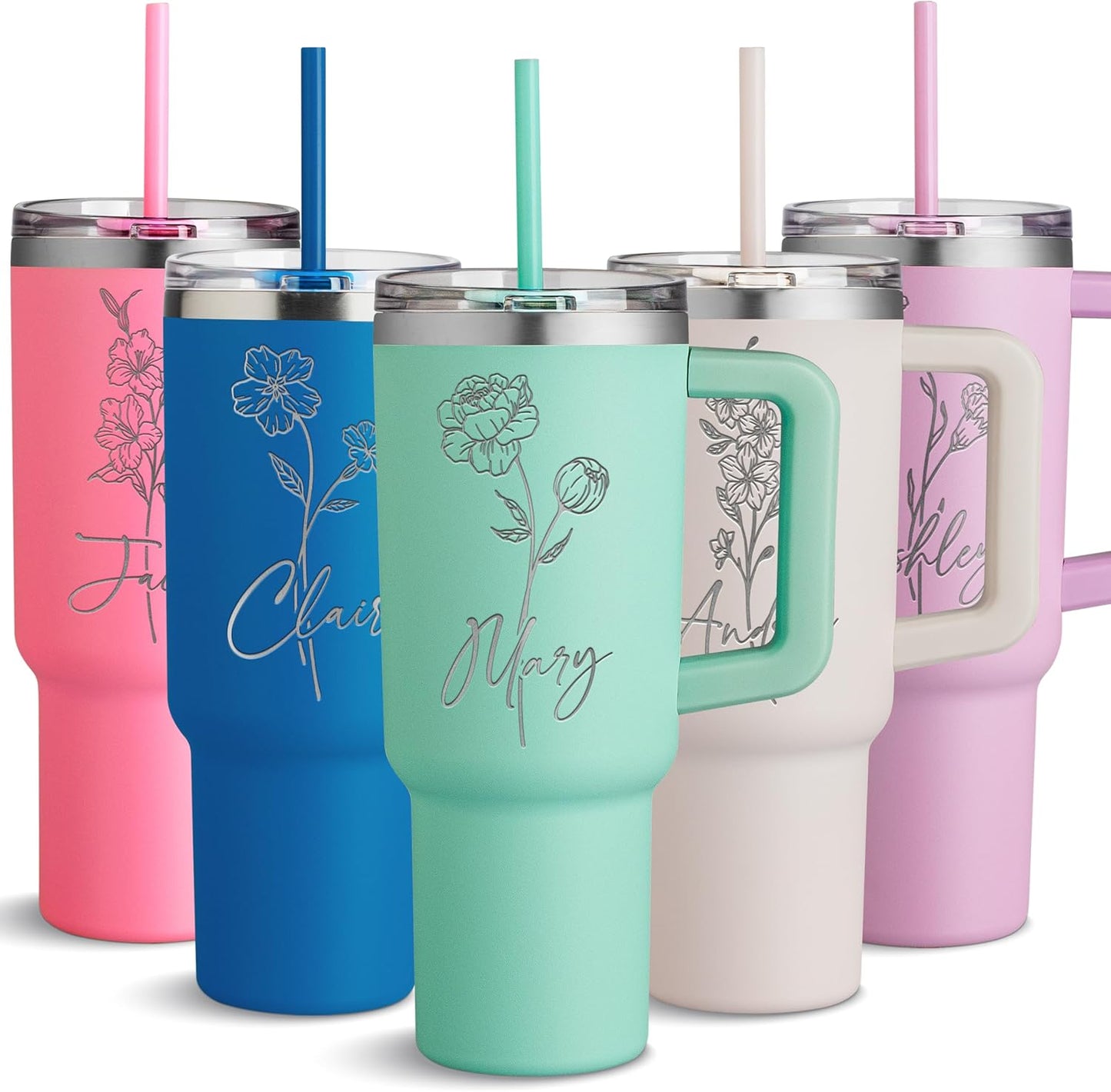 40 Oz Personalized Tumbler with Handle and Straw - Custom Name and Birth Month Flower, Stainless Steel Travel Cup - Birthday Gifts for Women, Teal