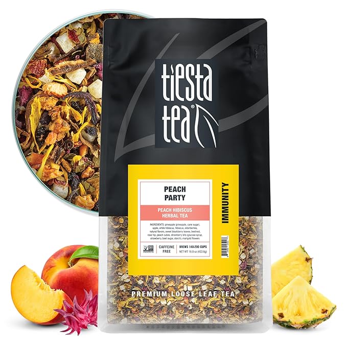 Tiesta Tea - Peach Party, Peach Hibiscus Herbal Tea, Premium Loose Leaf Tea Blend, Non-Caffeinated Fruit Tea, Make Hot or Iced & Up to 200 Cups, 16 oz Resealable Pouch - Bloomnest