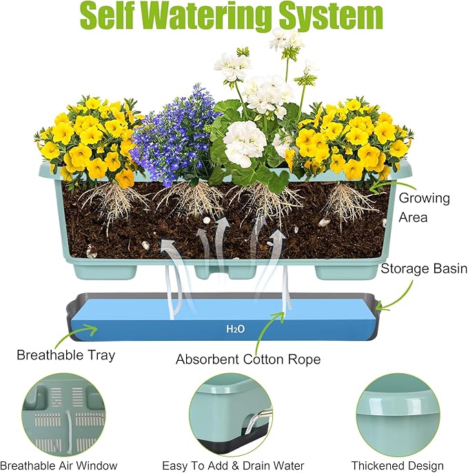Window Box Planter 6 Pcs, 18 Inches Rectangle Flower Pots with Drainage Holes and Trays, Vegetable Planters for Windowsill Patio Garden Balcony Home Porch Yard Indoor Outdoor (Green, 18*10*6 inch) - Bloomnest