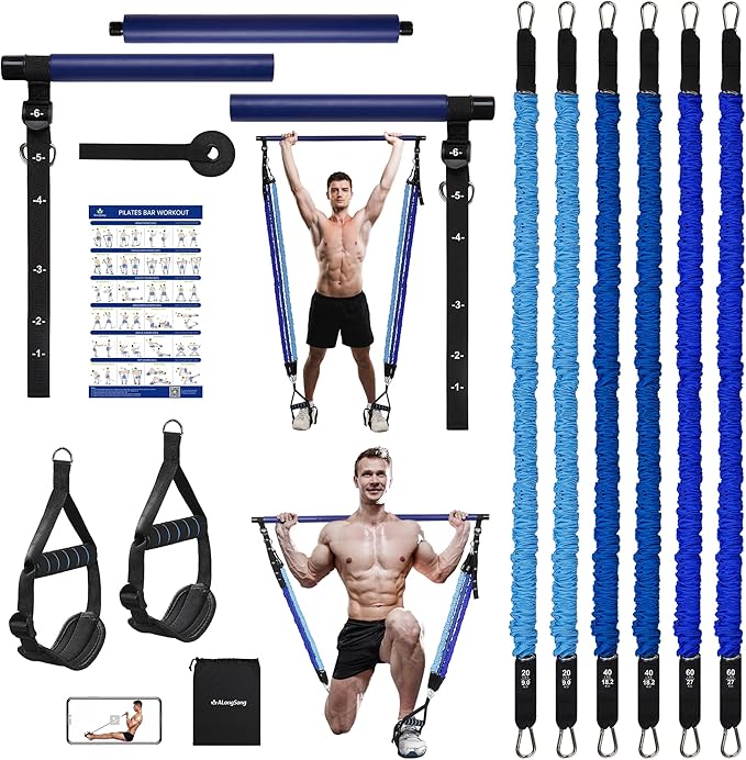 Upgraded Pilates Bar Kit with Resistance Bands Natural Latex for Women & Men, Heavy-Duty Stainless Steel Multifunctional Yoga Pilates Stick for Home Gym Exercise Fitness Equipment Full-Body Workouts - Bloomnest