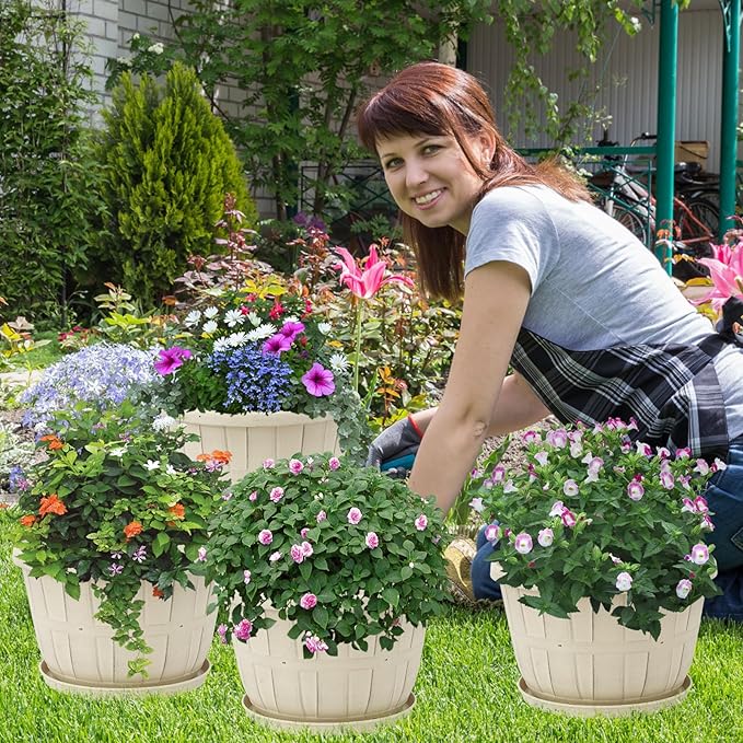 Quarut 10 inch Plastic Flower Pots for Indoor Plants，4 Pack Large Outdoor Planter Pot with Drainage Holes & Saucers，Imitation Wine Barrel Design，for Indoor Outdoor Garden Plants（White） - Bloomnest