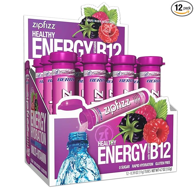 Zipfizz Daily Energy Drink Powder, Berry, 12 Pack | 3-in-1 Sustained Energy, Rapid Hydration, and Essential Vitamins | Sugar-Free | Electrolyte Powder | Contains Vitamin B-12 & Antioxidants - Bloomnest