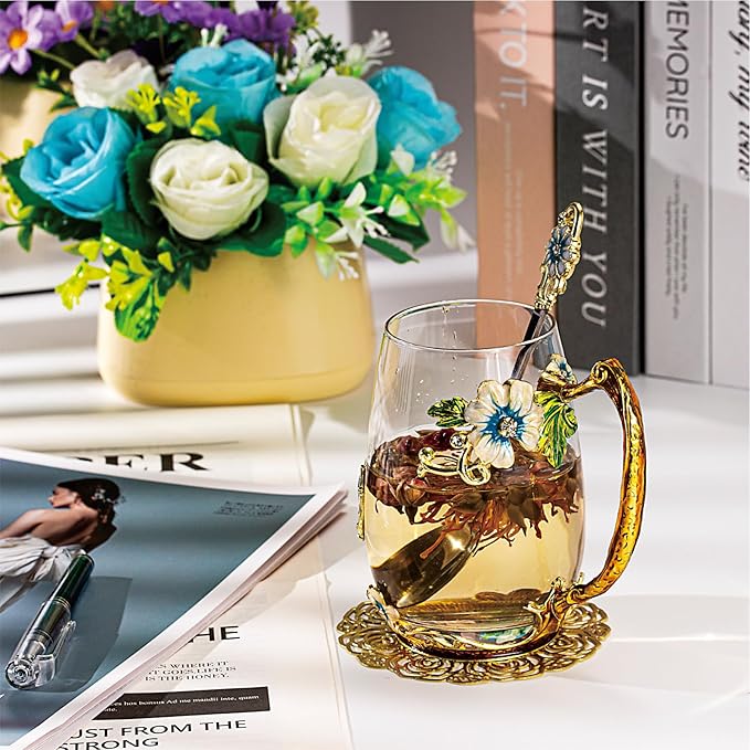 Flower Tea Cup,Butterfly Daisy Glass Fancy Coffee Mug with Spoon,Gift Box for Her Mom Wife Grandma Girls Friends Valentines Christmas Birthday Present Idea for Juice,Hot/Cold Drinks Use - Bloomnest