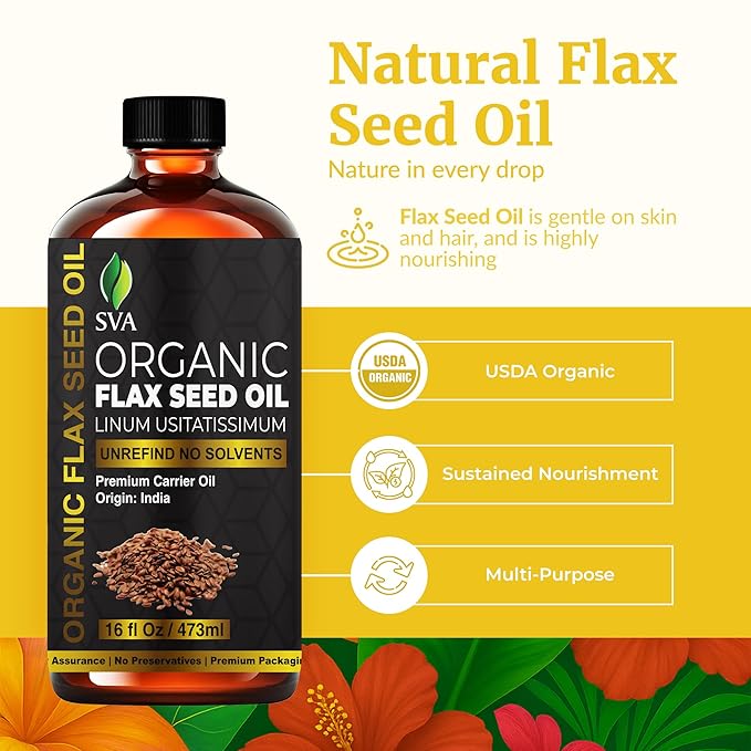 SVA Flax Seed Oil Organic - 16 Fl Oz – 100% Natural Cold Pressed Organic Flax Seed Oil - for Face, Skin Care, Hair Care, Scalp Massage & Body Massage – Carrier Oil - Bloomnest