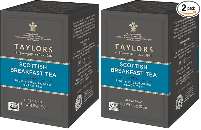 Taylors of Harrogate Scottish Breakfast Black Tea Individually Wrapped Bags,Strong,Malty and Full,Caffeinated,Enjoy Hot or Iced,50 Teabags,50 Count (Pack of 2) - Bloomnest