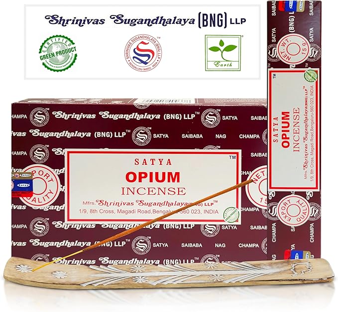 Satya Opium Incense Sticks, Satya Bng (Bangalore) Insenses 15gmx12 Pack with Raajsee Incense Holder Bundle, Satya Nagchampa Natural Incense - Bloomnest