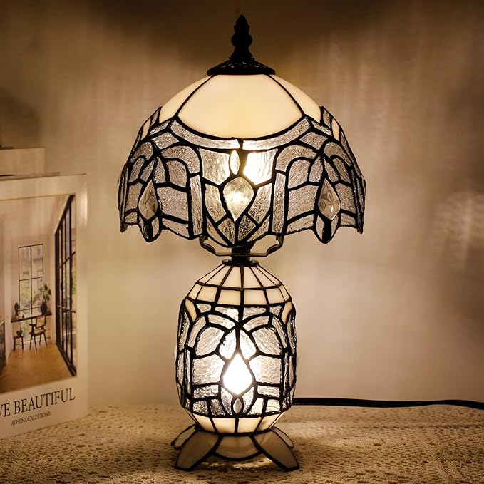 Small Tiffany Lamp Stained Glass Table Lamp Mini Mother Daughter Vase Desk Accent Light for Bedroom Bedside Reading Home Antique Style Decor 8X14 Inches (White) - Bloomnest