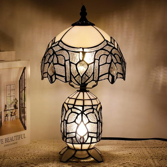 Small Tiffany Lamp Stained Glass Table Lamp Mini Mother Daughter Vase Desk Accent Light for Bedroom Bedside Reading Home Antique Style Decor 8X14 Inches (White) - Bloomnest