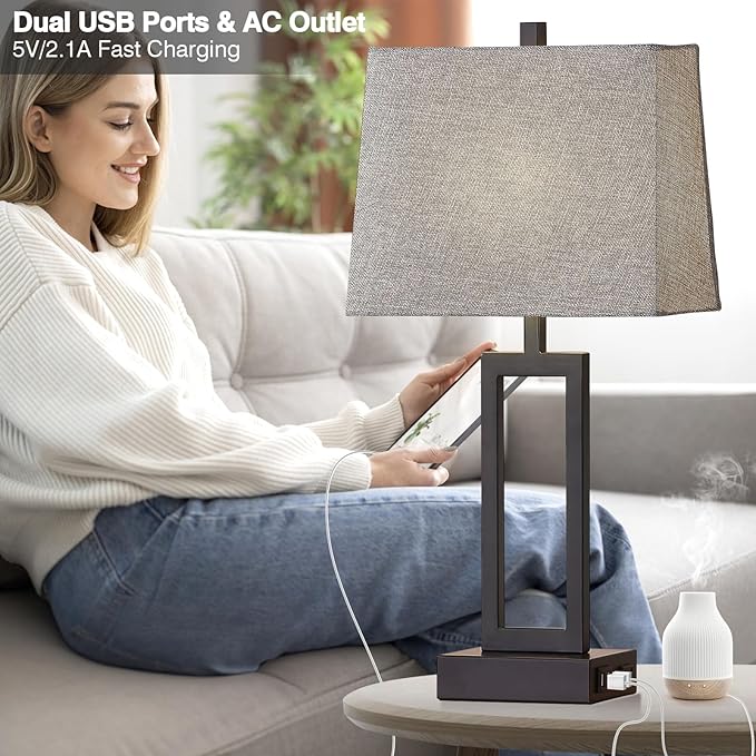 23.5" Touch Control Table Lamps Set of 2, Bedside Lamp with 2 USB Charging Ports & AC Outlet, 3-Way Dimmable Modern Nightstand Lamp for Living Room Bedroom End Table Office(2700K 2 LED Bulbs Included) - Bloomnest